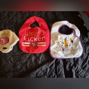 Handmade crochet San Francisco 49ers football helmet beanie and 2 bibs.